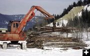 Stacking Logs. Photo by Kootenai Valley Record.